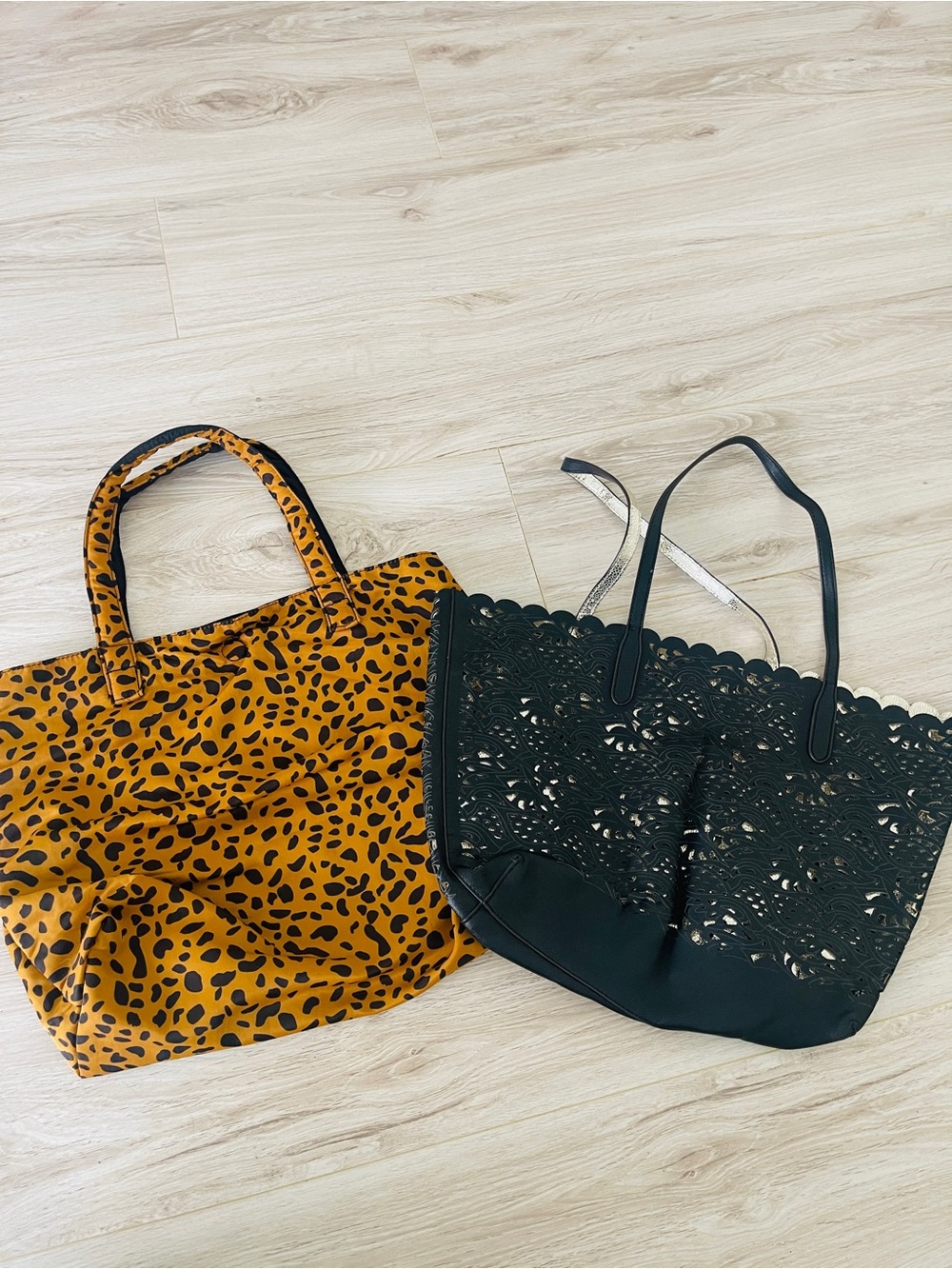 Lot of 2 Womens Totes Reversible Leopard Nylon Bag & Black Gold Laser Cut Tote